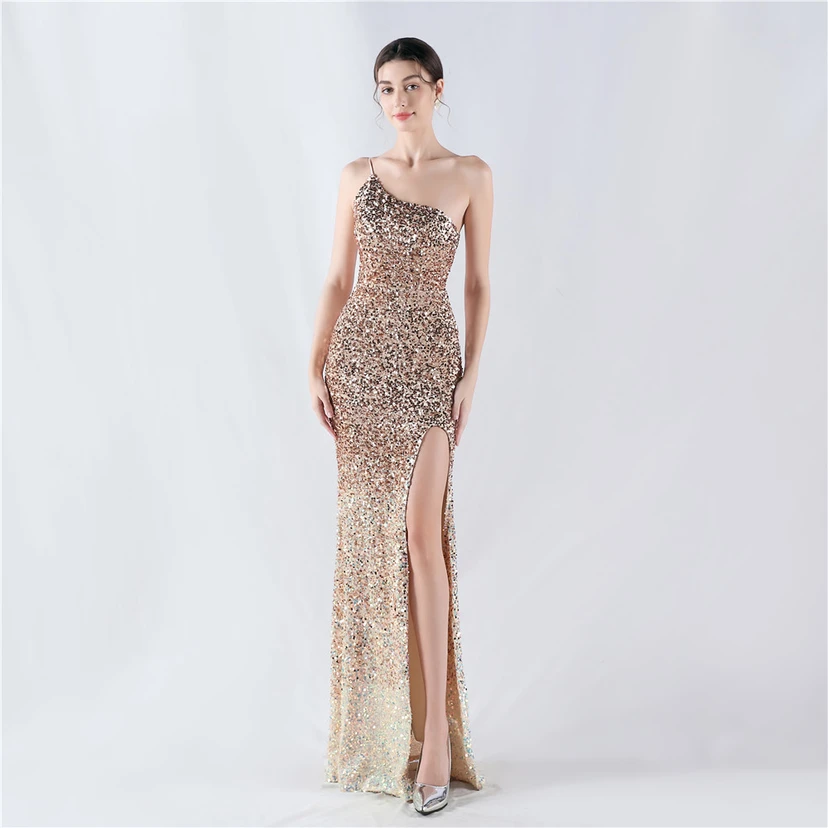 Sexy Abendkleid mit Samtsaum, Farbverlauf, Pailletten, hohem Schlitz und schräger Schulterpartie view 11