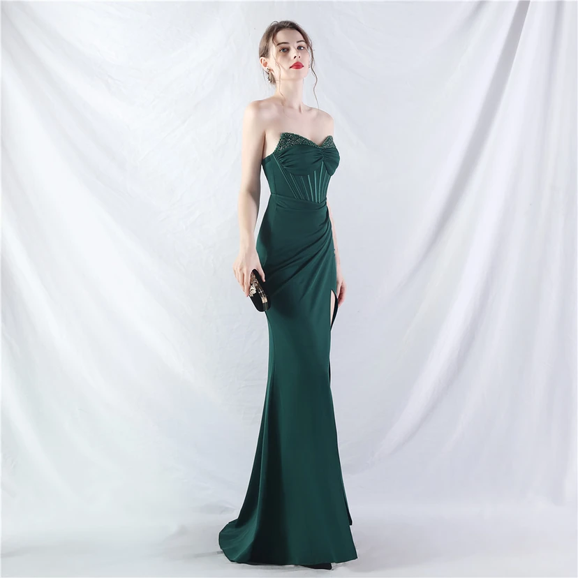 Vestido de noche de alta gama con cintura de espiga, elaborado con cuentas y forma elaborada. view 14