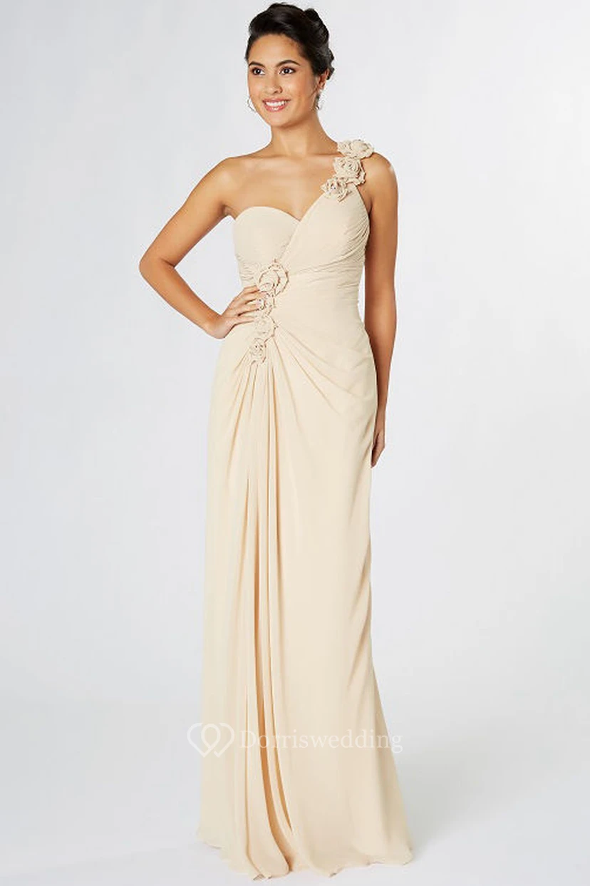 Sheath Sleeveless One-Shoulder Floral Chiffon Bridesmaid Dress