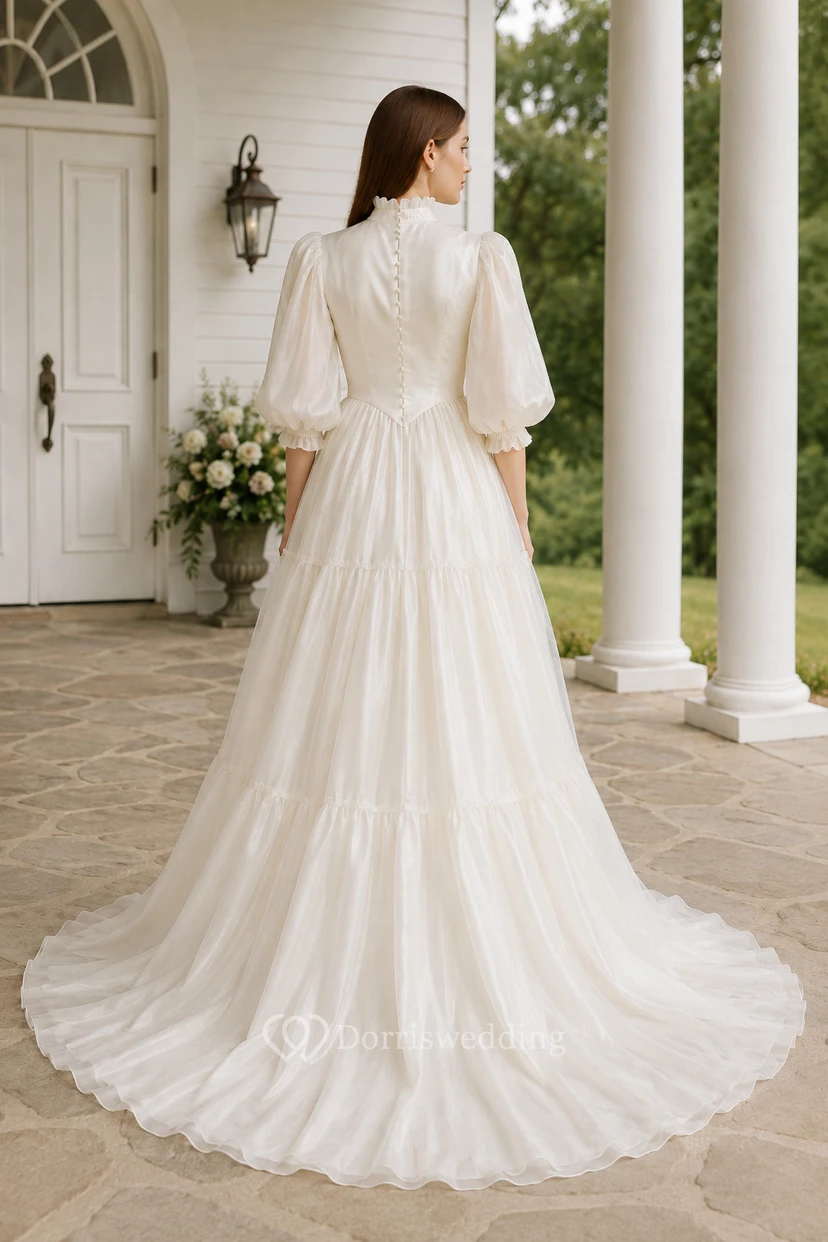 Modest High Neck Long Sleeve A-Line Wedding Dress view 2