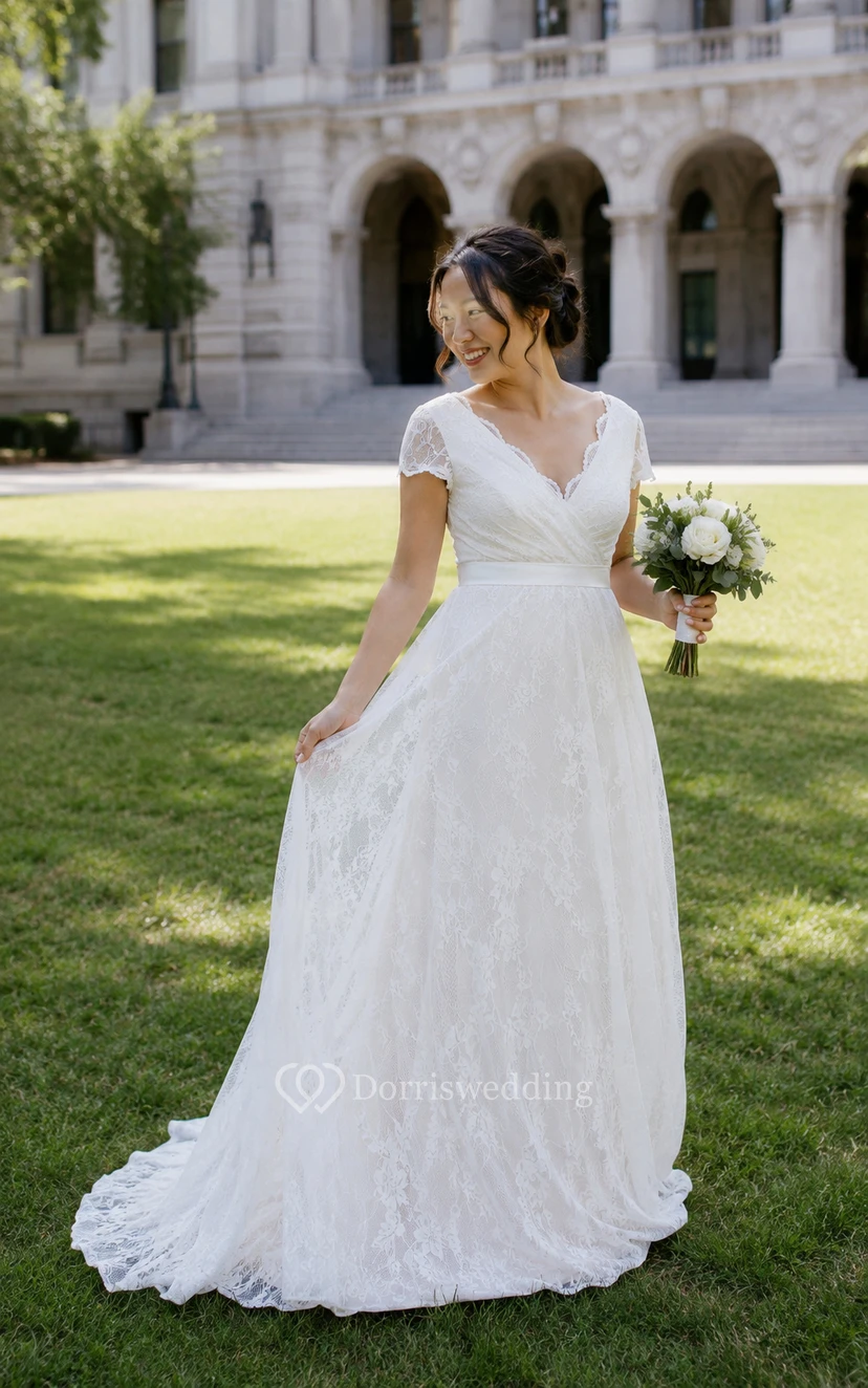 Robe de mariée ivoire en dentelle, col V, manches courtes, coupe trapèze, col en V view 10