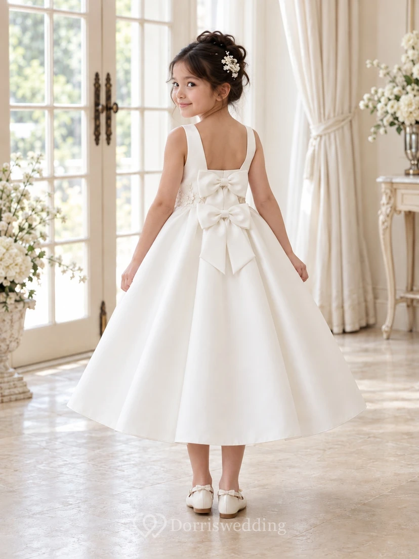 Vestido de niña de flores blanco de satén, largo hasta la rodilla, con escote cuadrado, corte en A, sin mangas, plisado y doble lazo. view 2