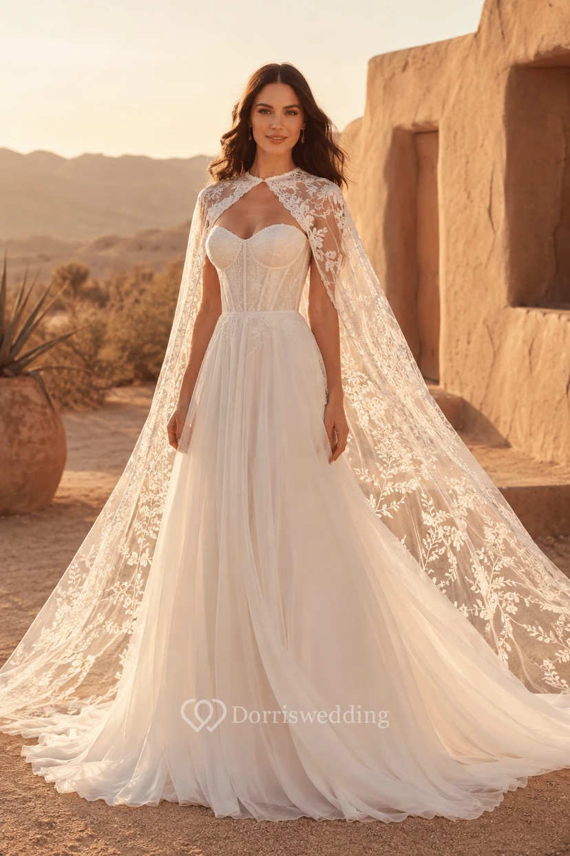 Boho Lace Cape A-Line Wedding Dress