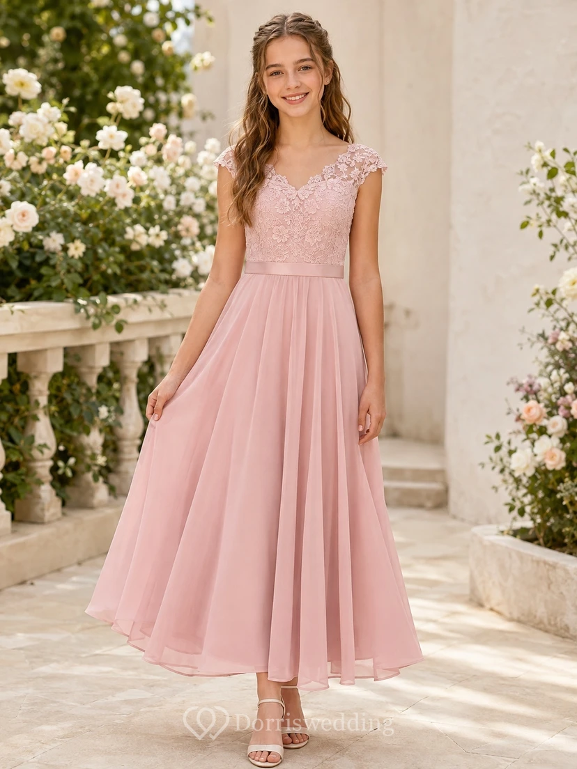 Romantisches, rosafarbenes Brautjungfernkleid für junge Frauen, A-Linie, V-Ausschnitt, kurze Ärmel, Spitze
