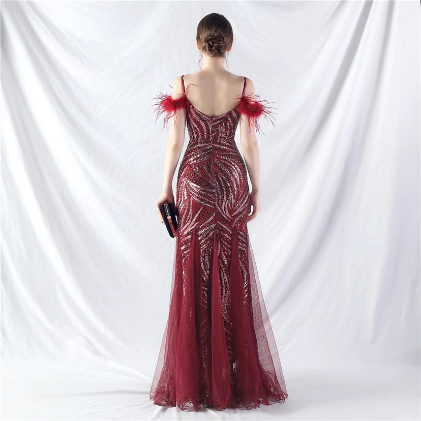 Crafted Ostrich Feather Stacked Sequins Splicing Mesh Gauze High-End Evening Dress Clothes view 6