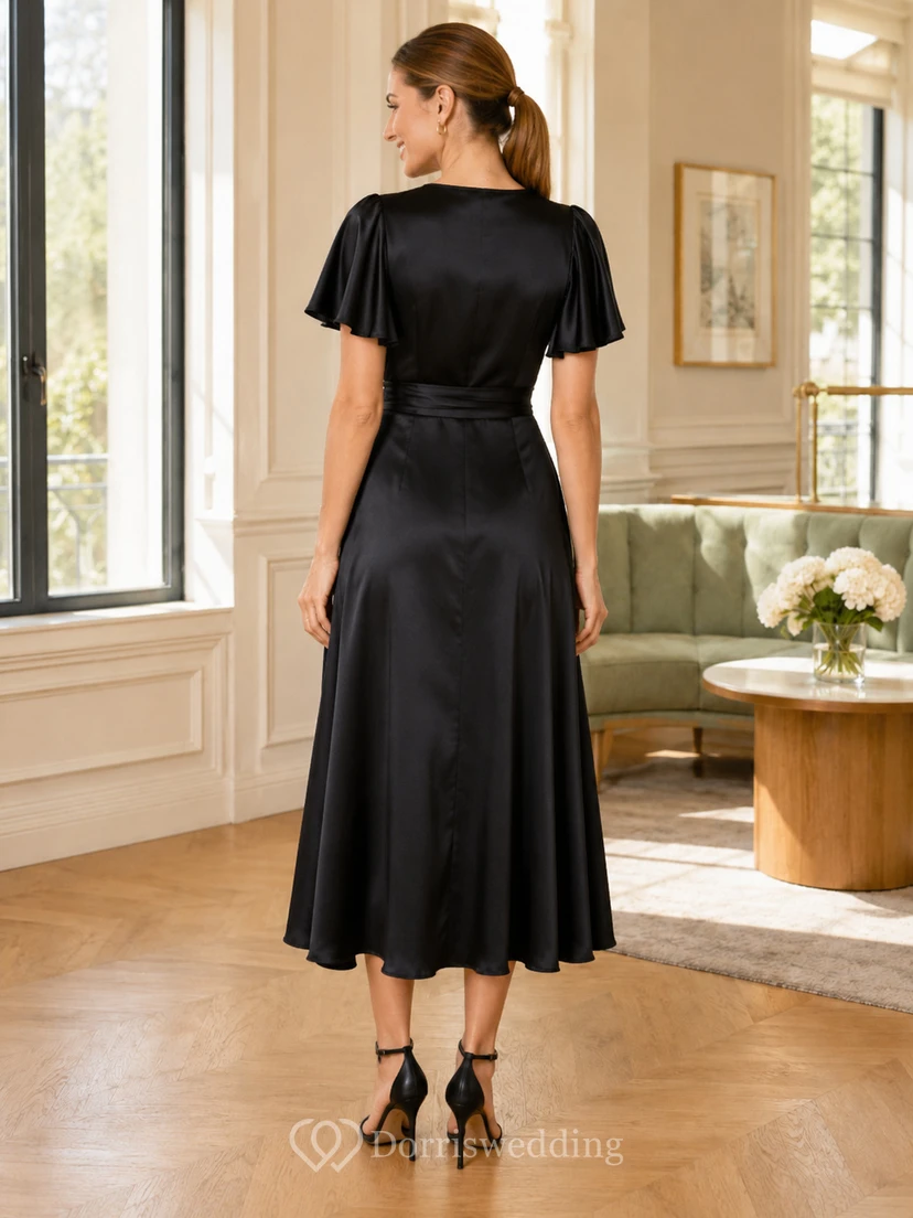 Black Satin Flutter Sleeve Wrap V Neck Mixer Midi Dress view 2