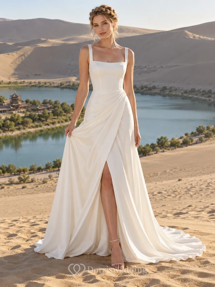 Vestido de novia sencillo de corte A con escote cuadrado, sin mangas y drapeado.