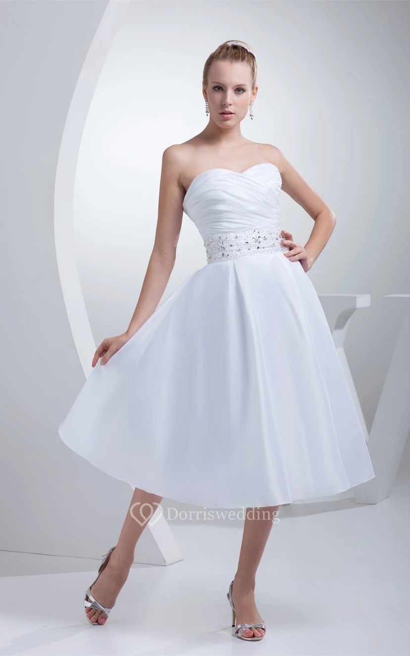 Sweetheart A-Line Tea-Length Jeweled Waist and Dress With Ruching view 3