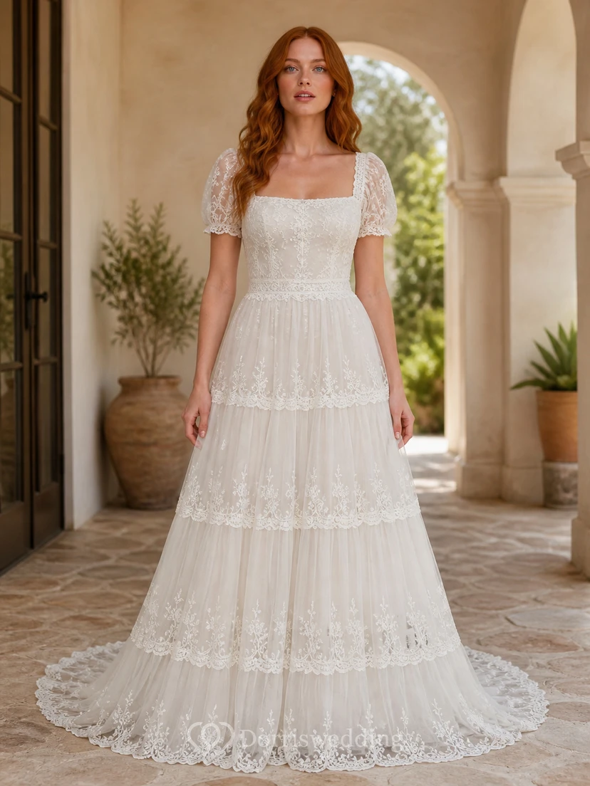 Vestido de novia vintage de manga corta, corte A, escote cuadrado, volantes y encaje de ganchillo con cola capilla