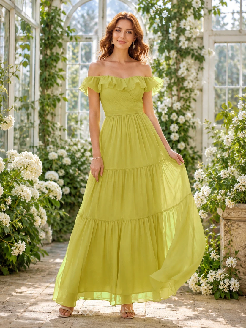 Chartreuse Off Shoulder Tiered Chiffon Floor Length A Line Garden Guest Dress
