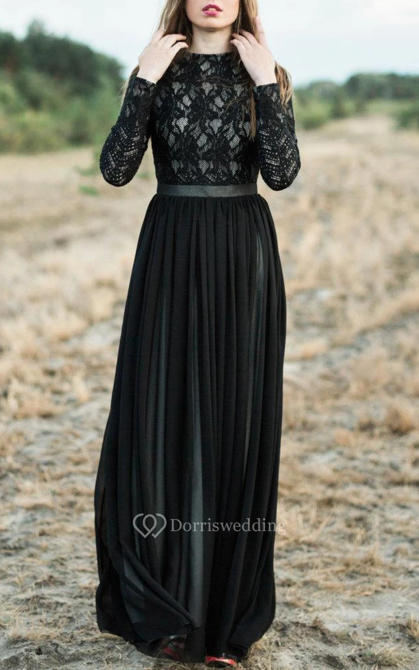 A-Linien-Kleid aus Chiffon und Spitze mit langen Ärmeln und Stufenrock view 3