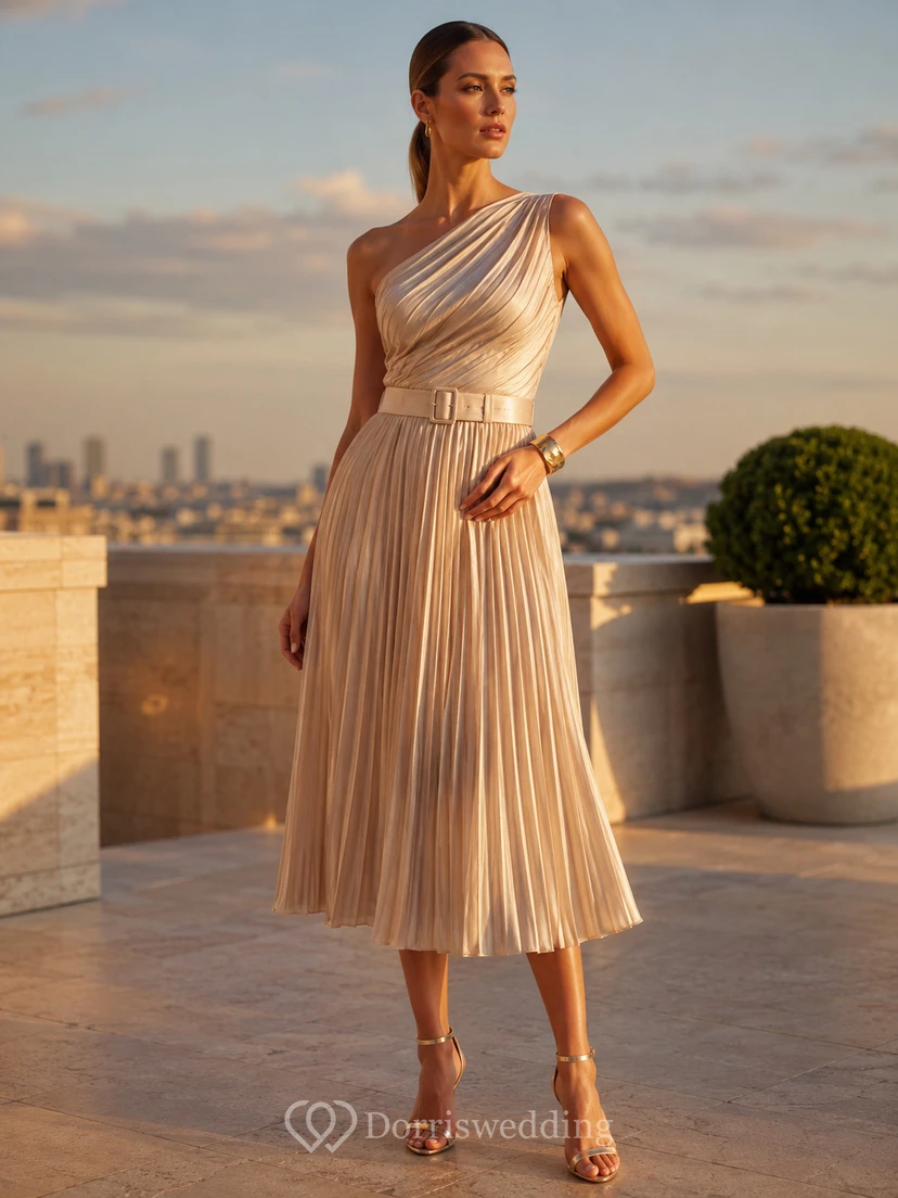Golden Asymmetry Champagne A-Line Tea-Length One-Shoulder Sleeveless Chiffon Elegant Cocktail Dress