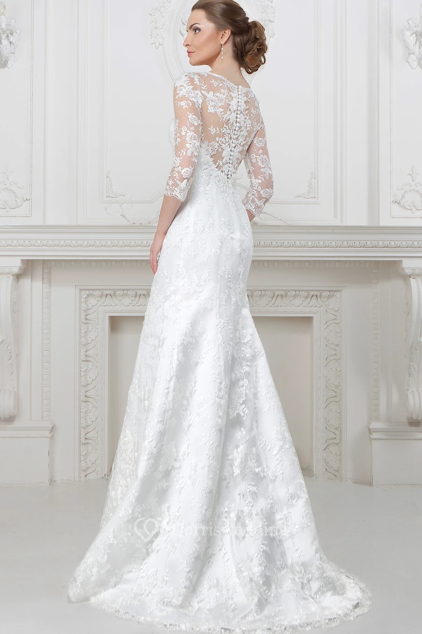 A-Line 3-4-Sleeve Scoop-Neck Lace Wedding Dress With Illusion view 3