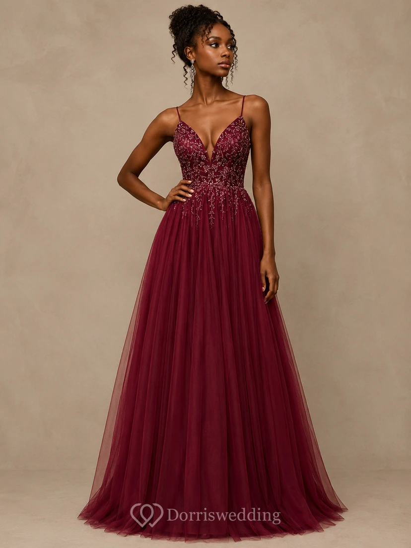 Casual Spaghetti Empire Tulle Pleated Prom Dress with Beaded Top view 5