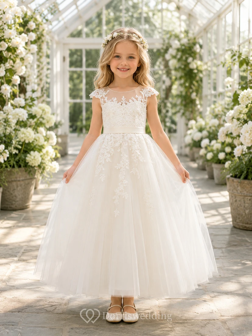 Vestido de niña de las flores color marfil, largo hasta los tobillos, de encaje y tul, con mangas cortas con efecto ilusión y lazo en la espalda.
