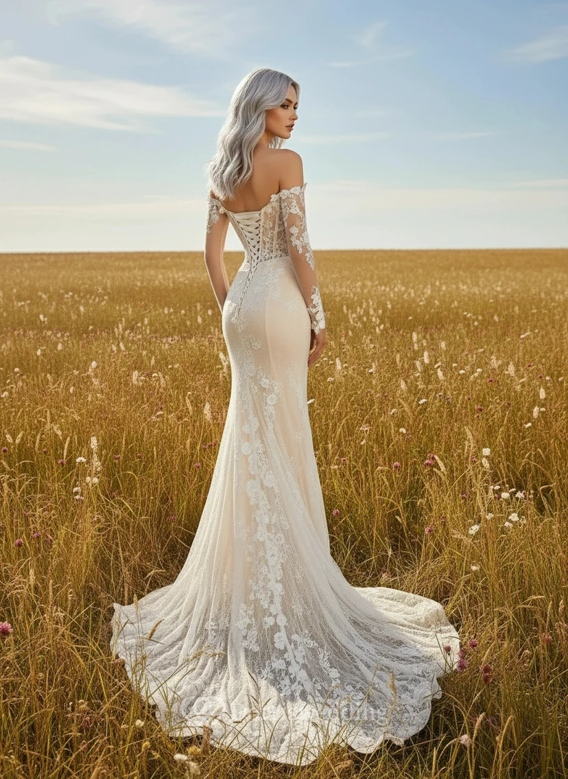 Robe de mariée sirène en dentelle vaporeuse à épaules dénudées et broderies florales view 2