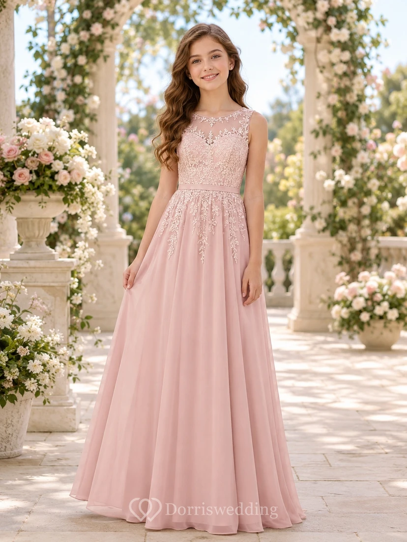 Zartrosa Brautjungfernkleid, A-Linie, V-Ausschnitt, ärmellos, Spitze, romantisch