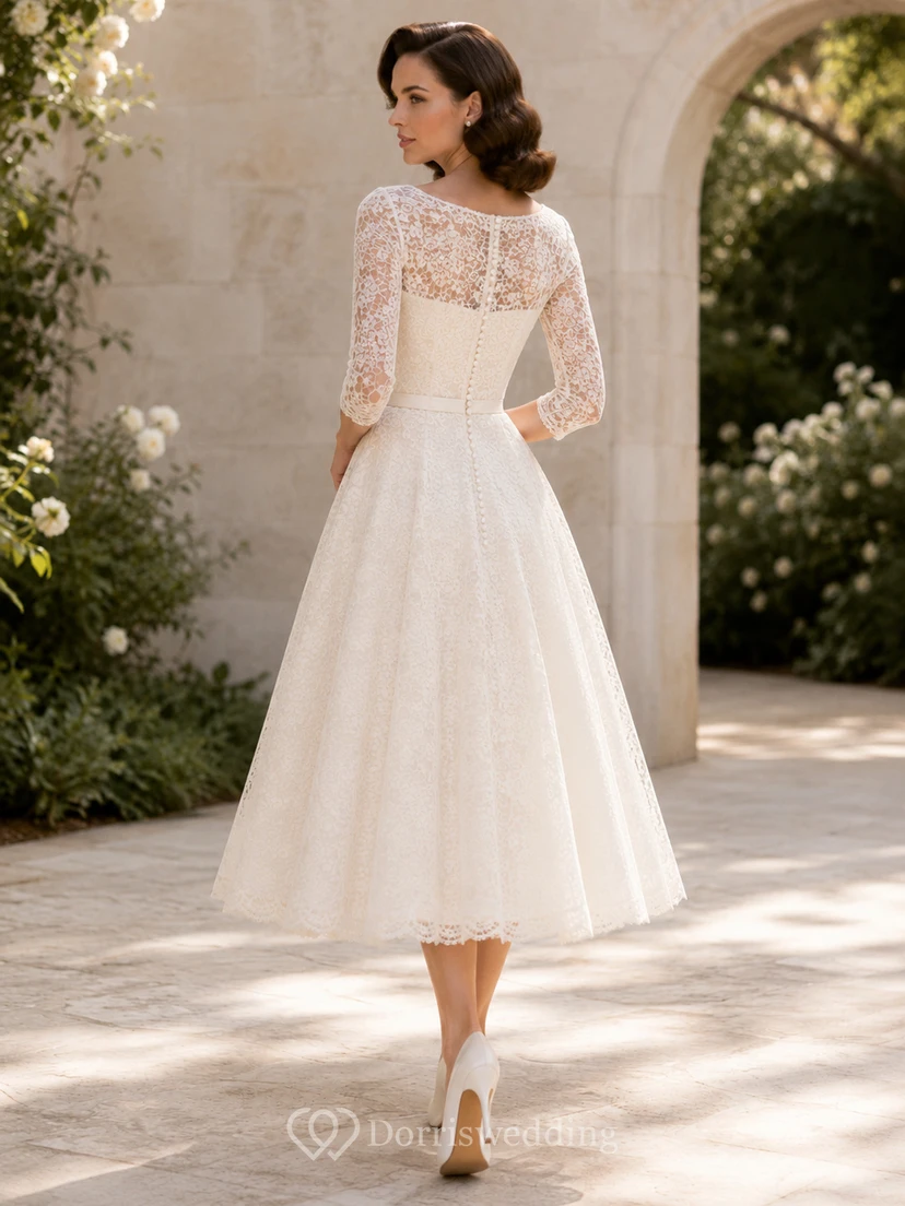 Robe de mariée vintage années 1950, style bateau, manches trois-quarts en dentelle, coupe trapèze, longueur thé view 2