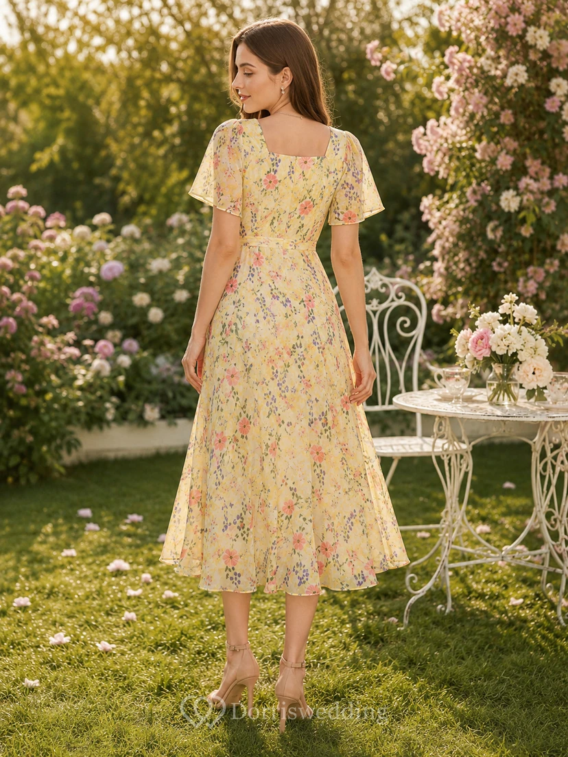 Yellow floral V-neck flutter sleeve wrap midi dress view 2