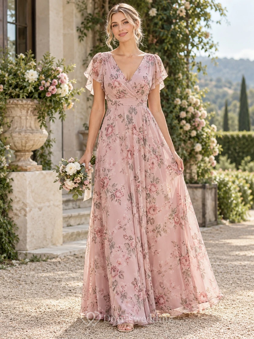 Vestido de dama de honor de gasa color rosa rubor con estampado floral, mangas suaves con volantes, escote en V y largo hasta el suelo, corte en A. view 2
