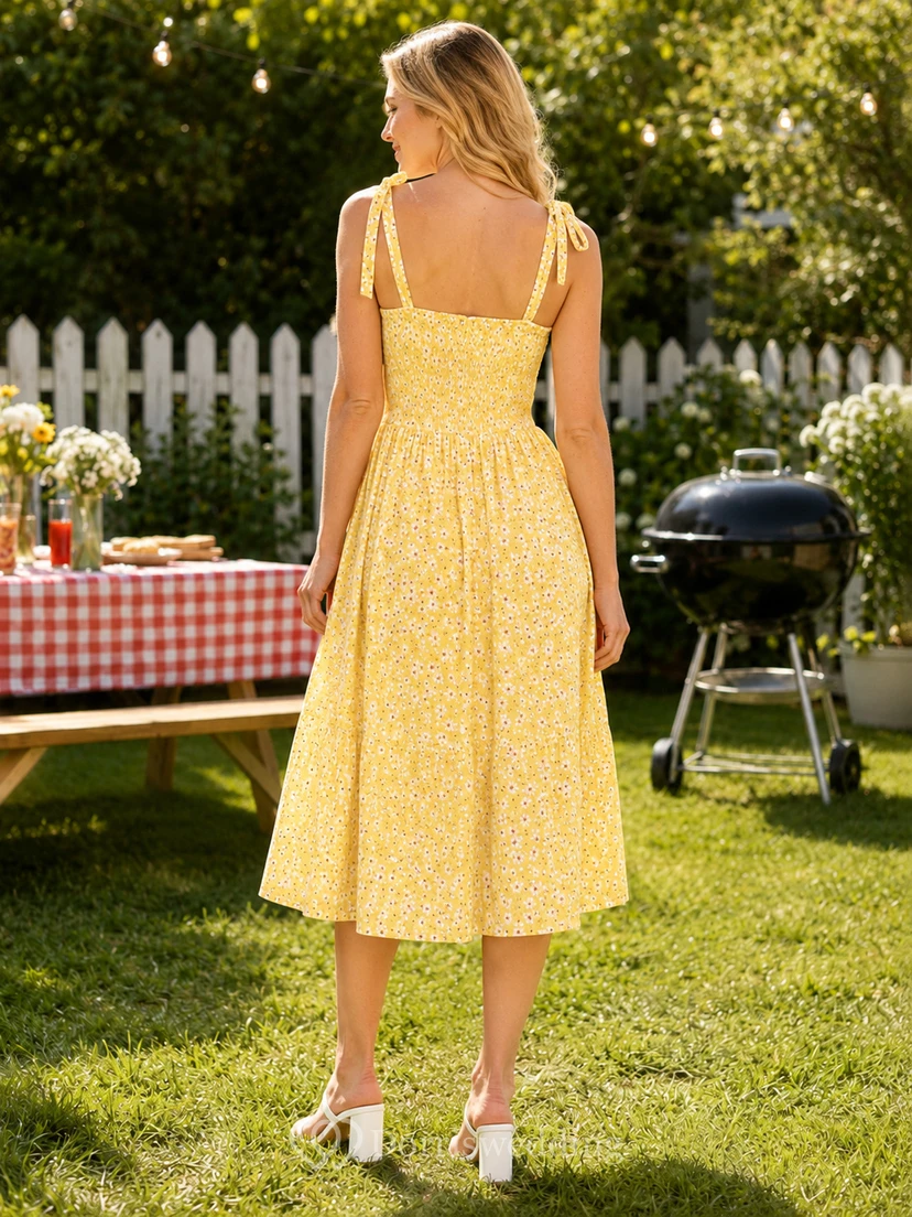 Yellow Floral Sweetheart Tie Strap Cotton Barbecue Midi Dress view 2