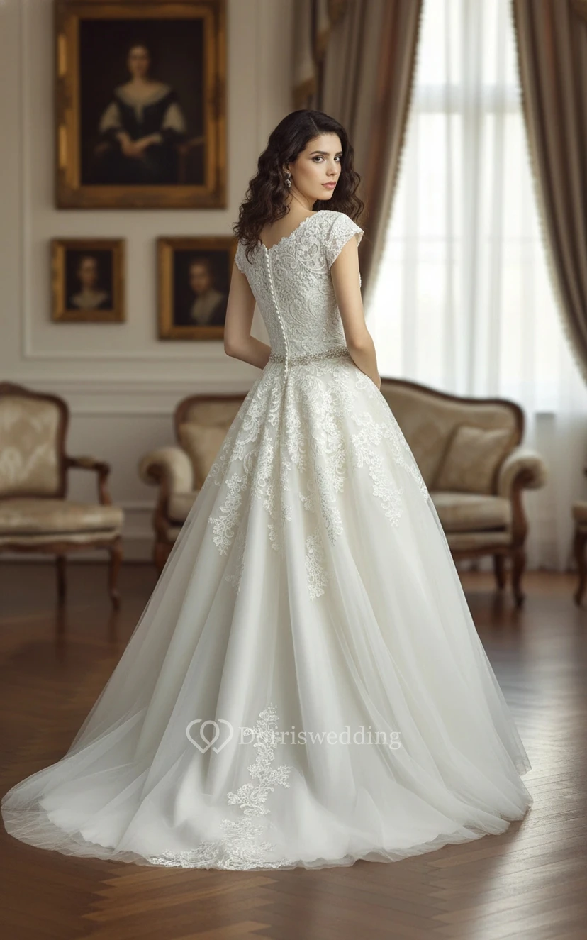 Vestido de novia romántico de gala con mangas cortas - Corpiño de encaje y vestido de tul con cintura adornada con cuentas view 2