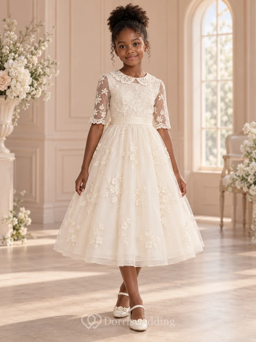 Tea-length Vintage Cream A-line Floral Lace Collared Elbow-sleeve Flower Girl Dress
