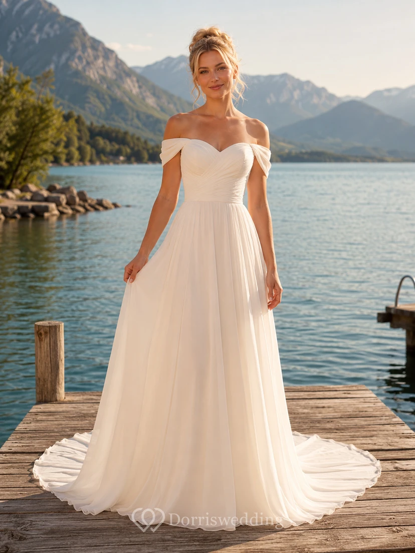 Strandhochzeitskleid aus Tüll, A-Linie, schulterfrei, Schleppe, Rüschenbesatz, tiefer V-Ausschnitt am Rücken