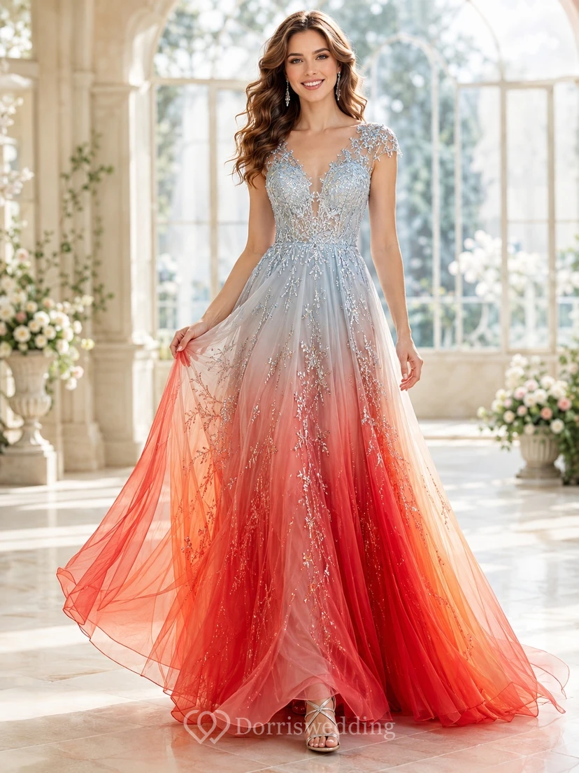 Sky Blue Red V-Neck Cap Sleeve Beaded Tulle A-Line Sweep Train Prom Dress