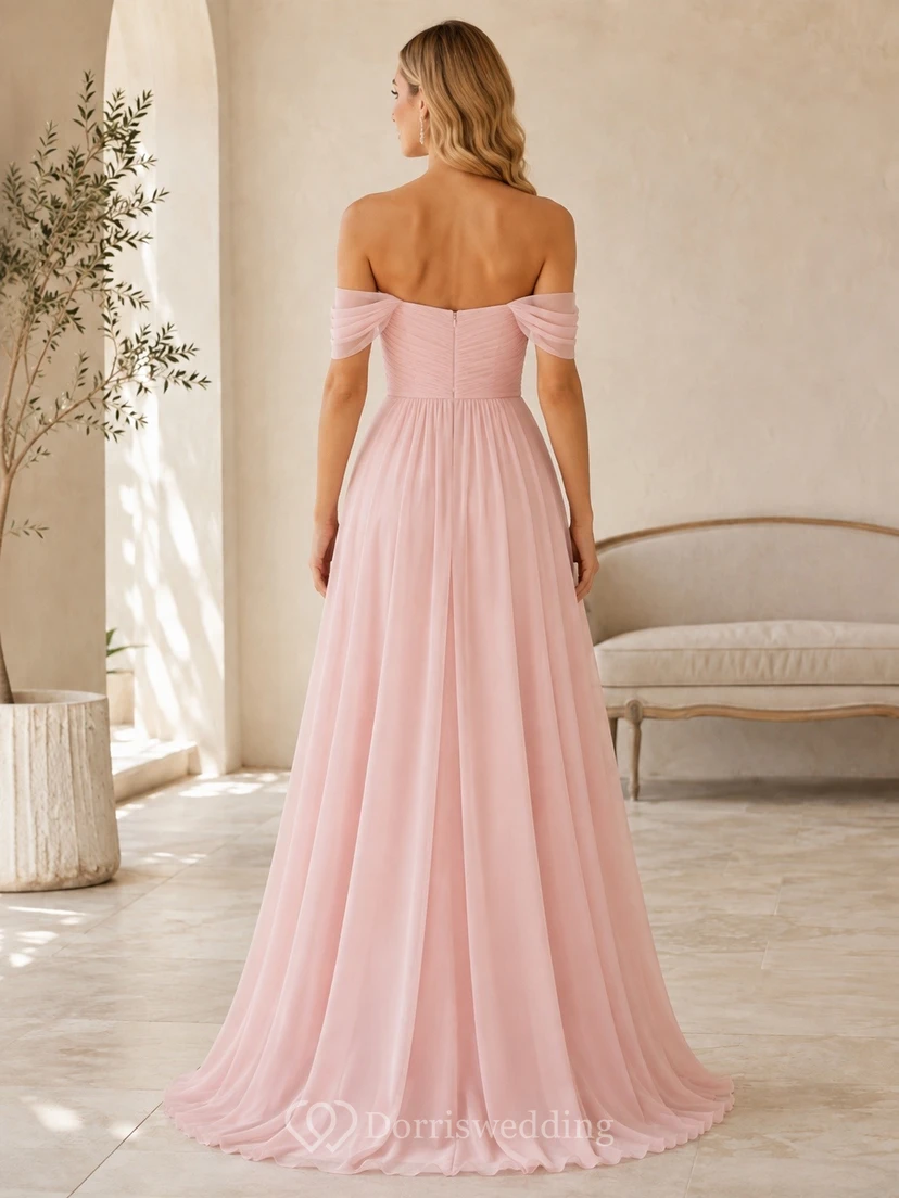 Off Shoulder Blushing Pink Chiffon A-line Floor Length Bridesmaid Dress view 2