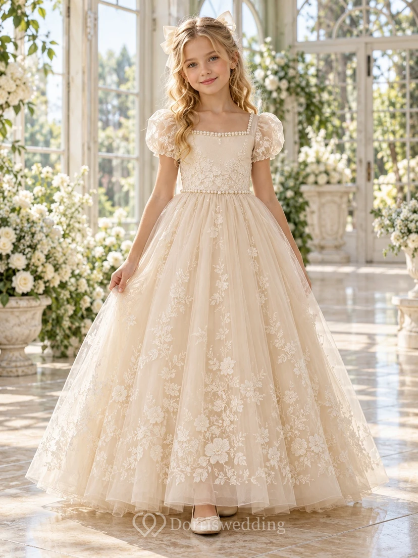 Square Neck Champagne Pearl Puff Lace Ball Flower Girl Dress
