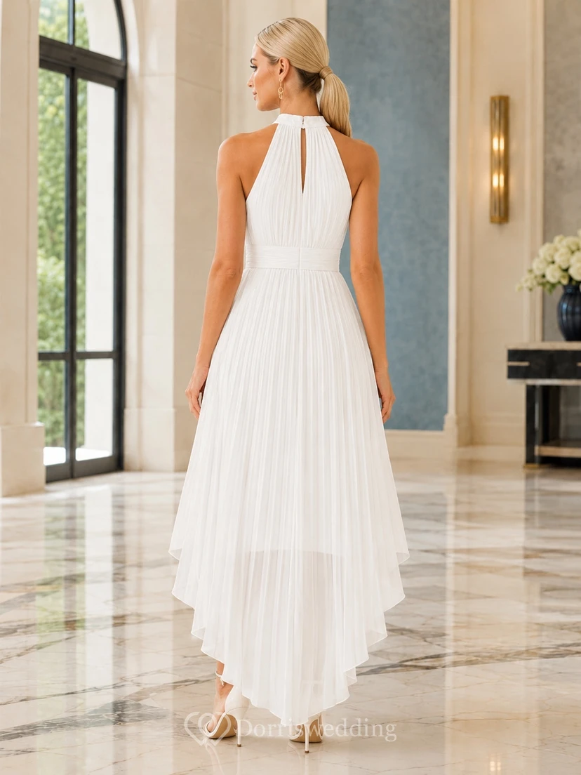 White Halter High Neck Pleated Chiffon A-Line High-Low Cocktail Dress view 2