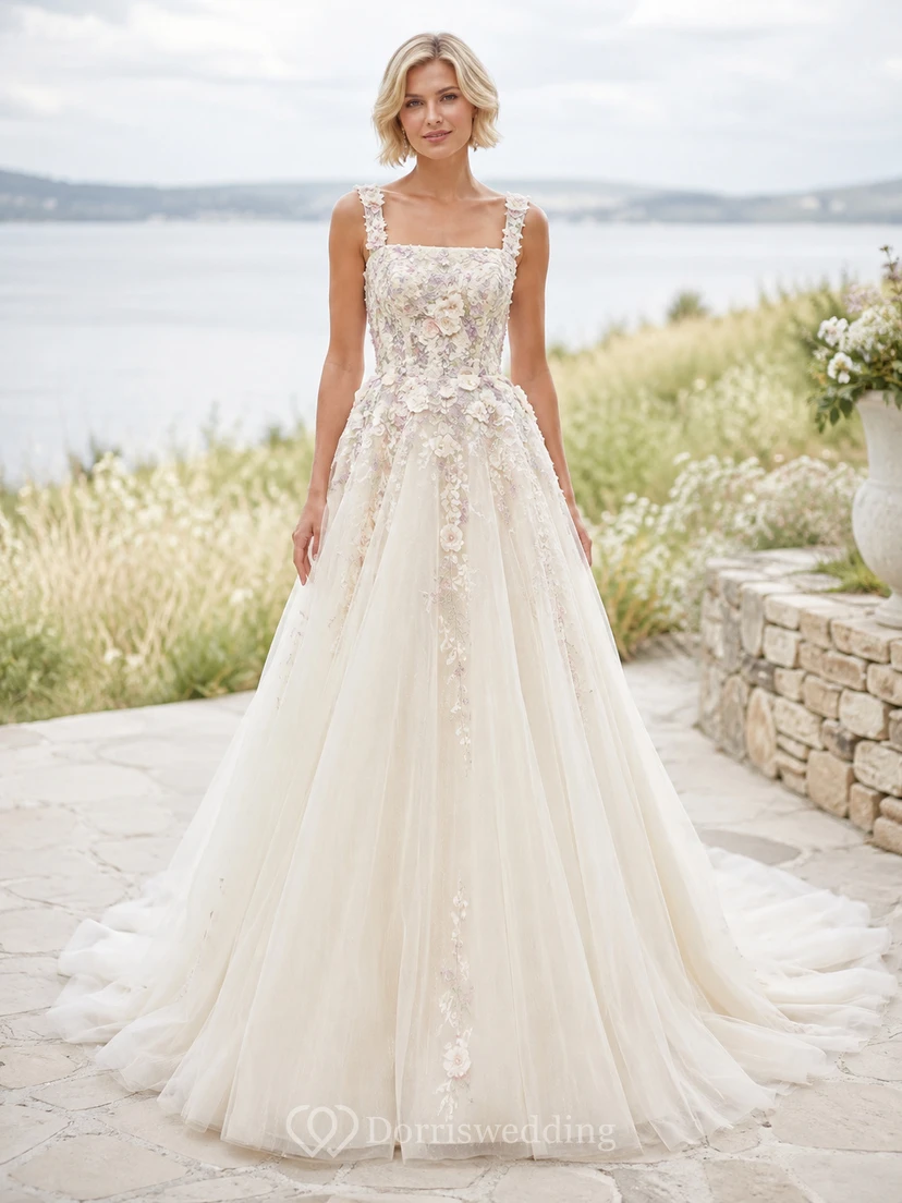 Robe de soirée romantique en tulle à encolure carrée multicolore, bretelles et appliqués floraux, coupe trapèze, style A.