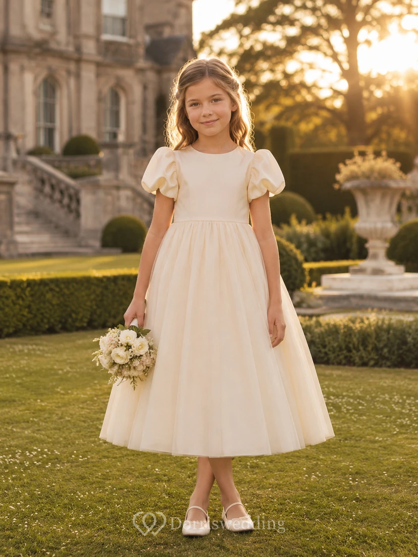 Puff Sleeve Bow Tulle A-Line Flower Girl Dress with Jewel Neck, Tea-Length Skirt and Bow Detail