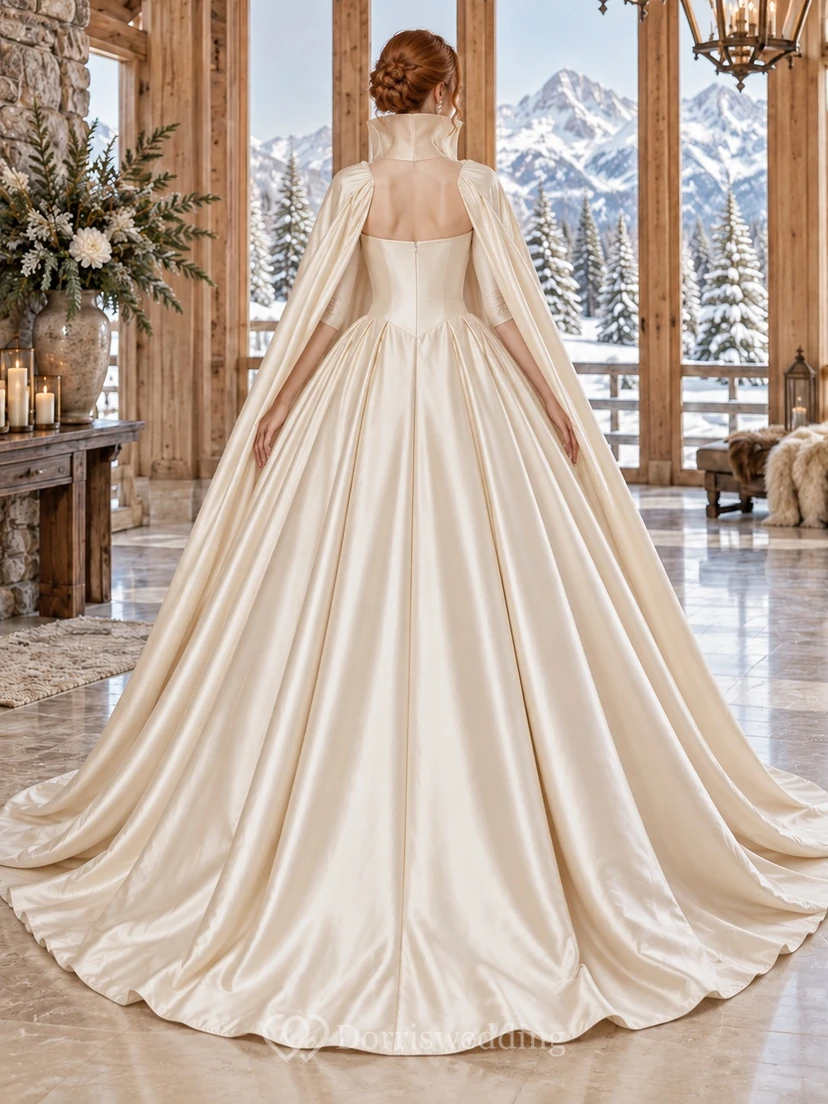 Vestido de novia de gala plisado con cuello alto, estructurado, de color champán, para invierno. view 2