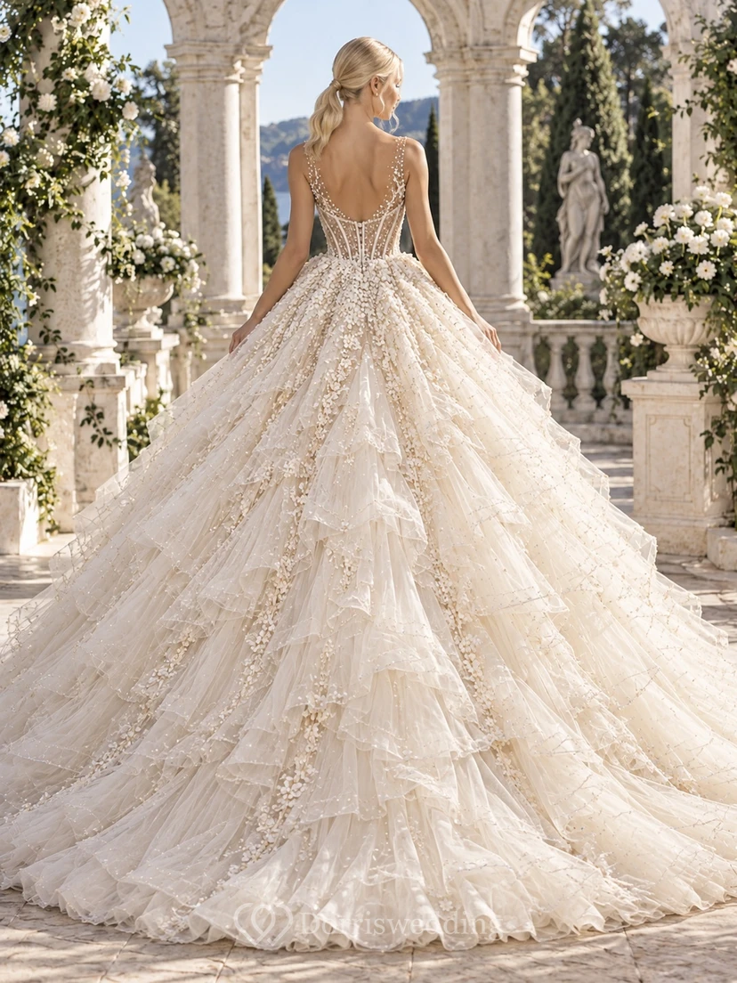 Prinzessinnen-Hochzeitsballkleid aus Tüll mit V-Ausschnitt, Perlenbesatz, Kaskadenrüschen und Hofschleppe view 2