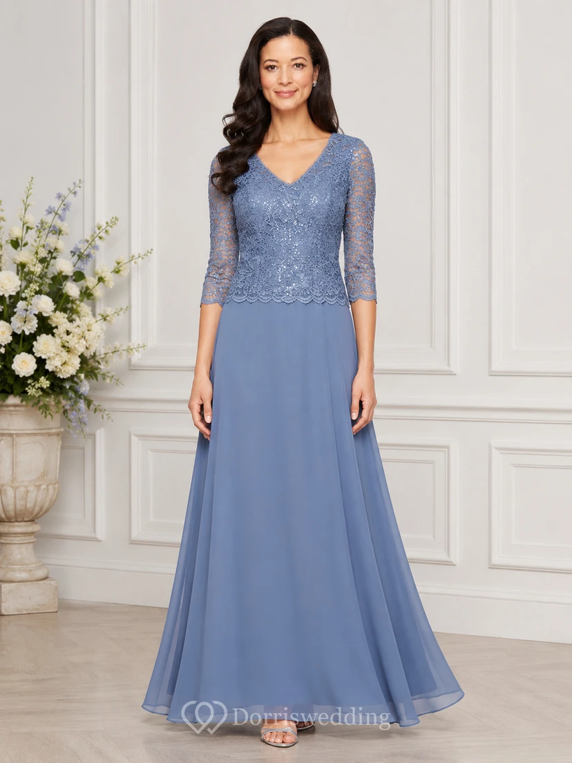 Robe de mariée trapèze en dentelle pour la mère de la mariée, col en V, manches 3/4 et perles de dentelle, longueur au sol