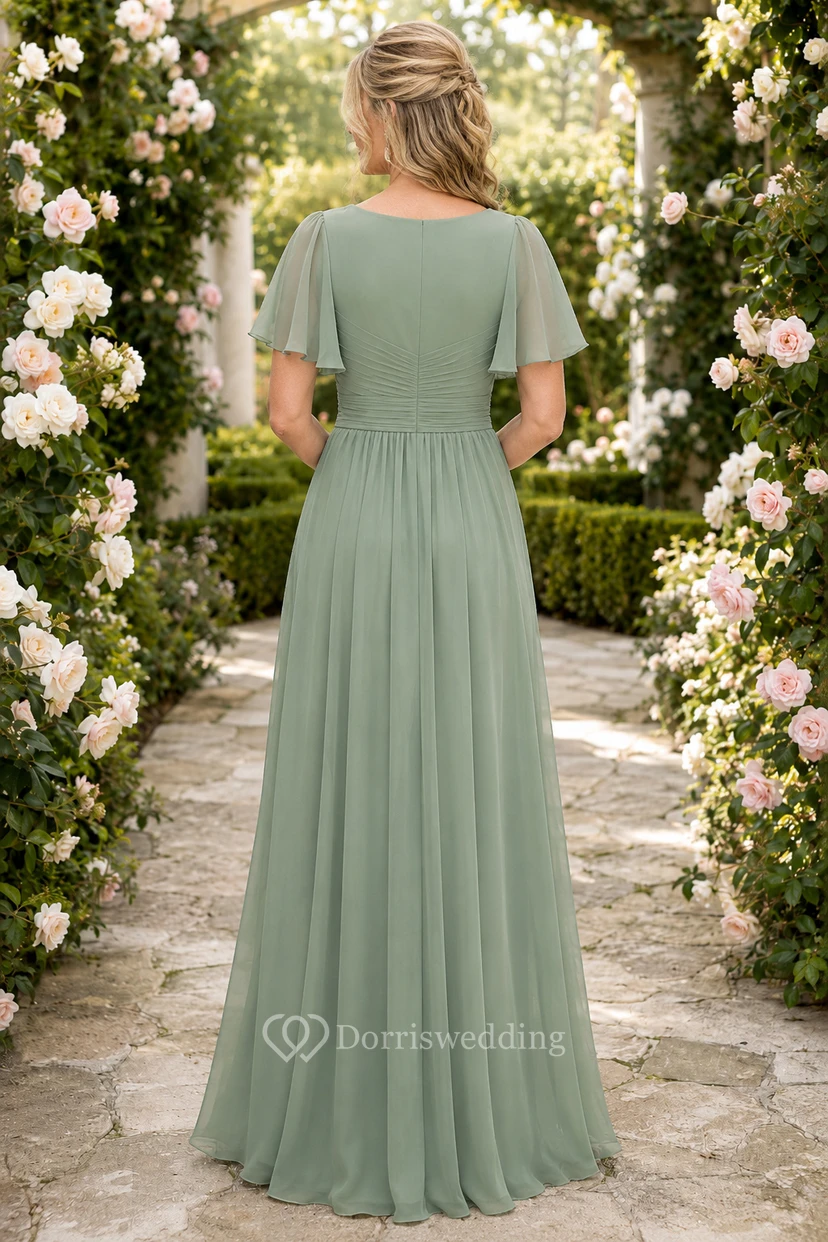 Robe mère en mousseline de soie couleur sauge, col en V, coupe trapèze et manches papillon view 2