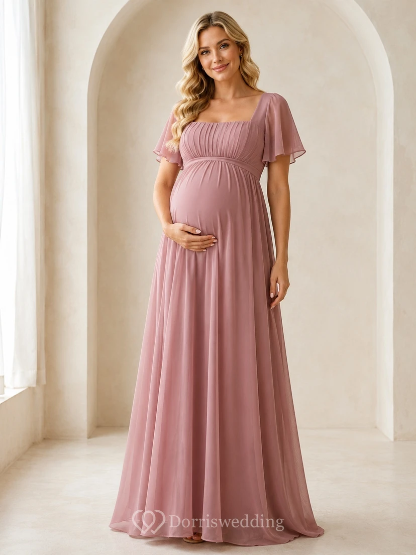 Altrosa Chiffon-Umstandskleid mit eckigem Ausschnitt, kurzen Ärmeln und Empire-Länge, bodenlang