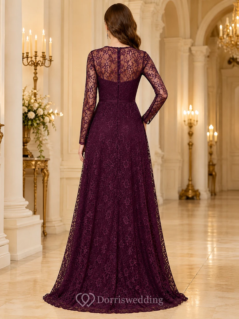 Plum Lace Illusion Long Sleeve A Line Formal Gown view 2
