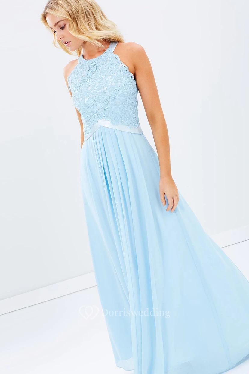 Appliqued Scoop Neck Sleeveless Chiffon Blue Bridesmaid Dress With Ribbon view 6