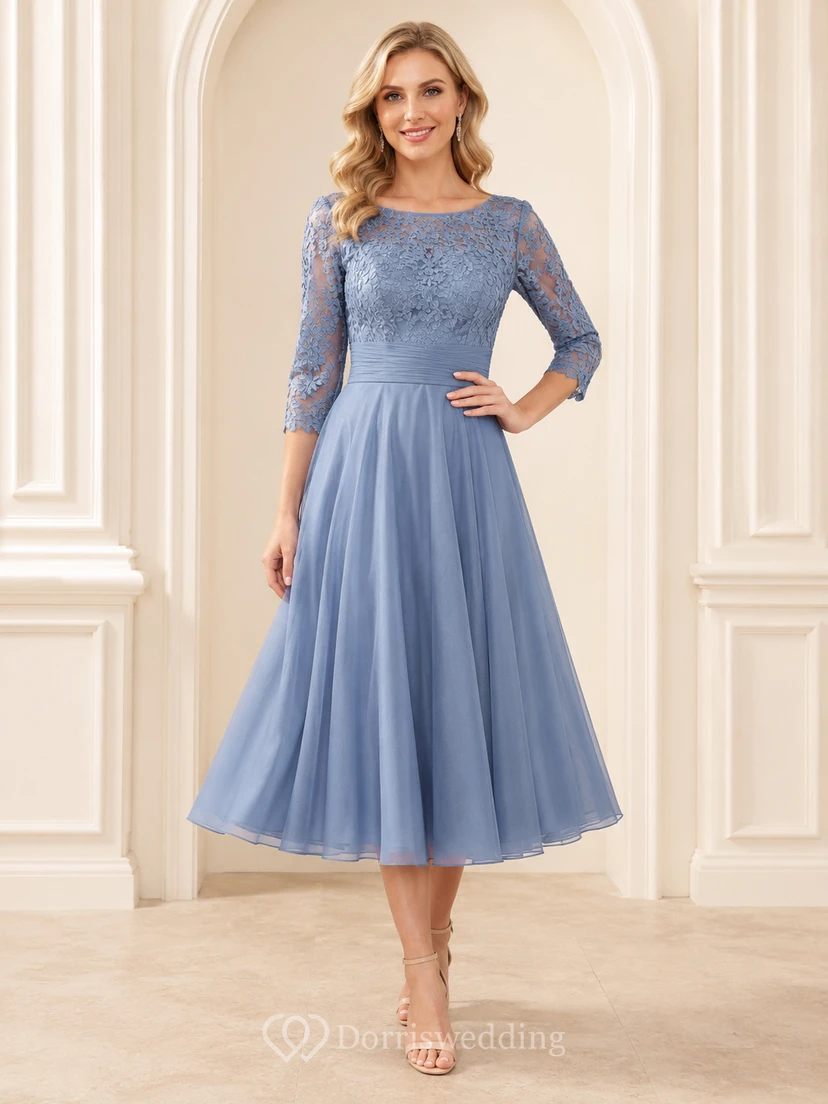 Elegante vestido de tul de corte A, largo hasta la rodilla, estilo barco, color azul acero, con mangas tres cuartos y corte mao.