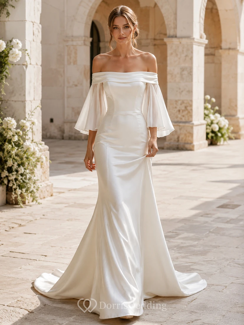 Elegant Off Shoulder Half Bell Sleeve Draped Satin Sheath Court Train Wedding Dress
