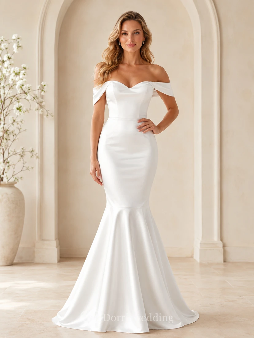Robe de mariée sirène plissée en satin stretch, épaules dénudées, manches courtes, fermeture éclair au dos et traîne.