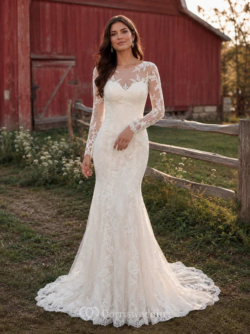 Robe de mariée sirène en dentelle, col rond, manches longues et traîne, style modeste