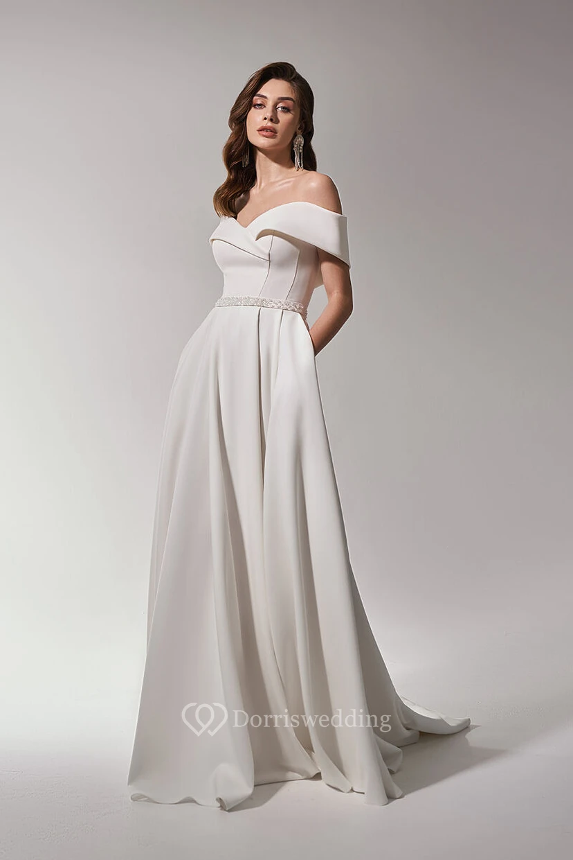 Robe de mariée corset empire en satin à épaules dénudées avec perles à la taille