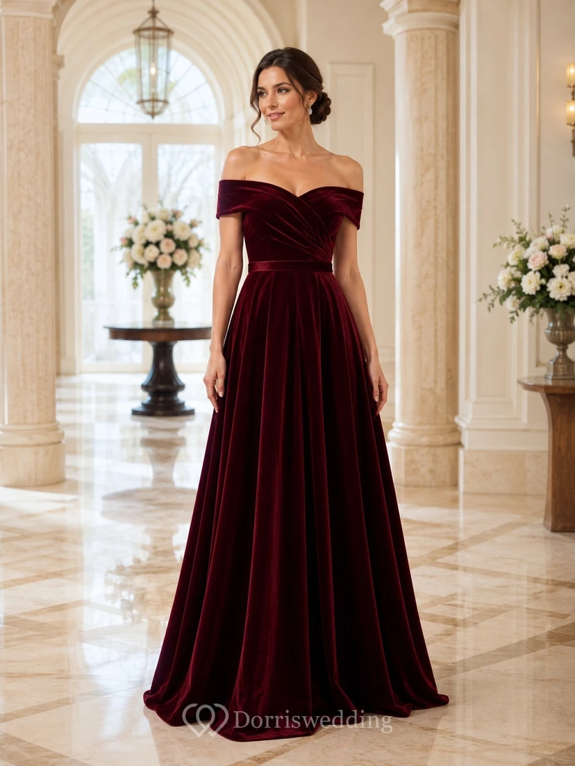 Off-Shoulder Burgundy Draped Satin A-Line Floor-Length Simple Modest Formal Gown