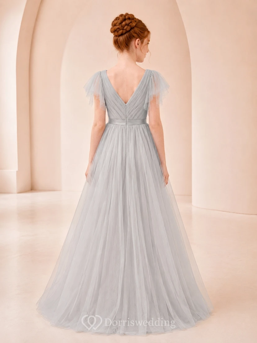 Silbernes Brautjungfernkleid für junge Damen, A-Linie, V-Ausschnitt, kurze Ärmel, plissiert, romantisch view 2