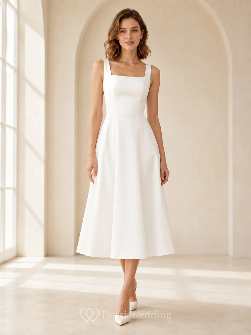 Simple Tea-Length Square Neck Sleeveless Satin A-Line Civil Bridal Wedding Dress