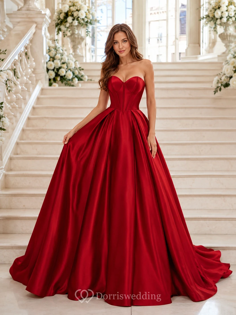 Red Strapless Sweetheart Satin Ball Gown Chapel Train Wedding Dress